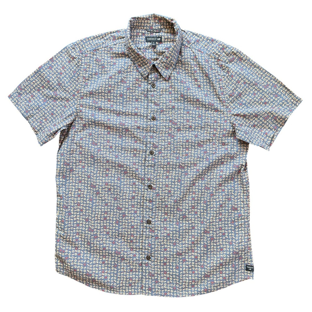 Toad&Co Fletch SS Shirt‎ Mens Med Blue Floral Organic Cotton Excellent Short Slv